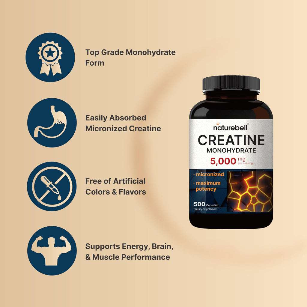 NatureBell Creatine Monohydrate Capsules 5,000mg Per Serving, 500 Count | Micronized, Unflavored Creatine Pills | Pre-Workout & Muscle Strength Support | Easy to Swallow, Filler-Free | 71 Servings