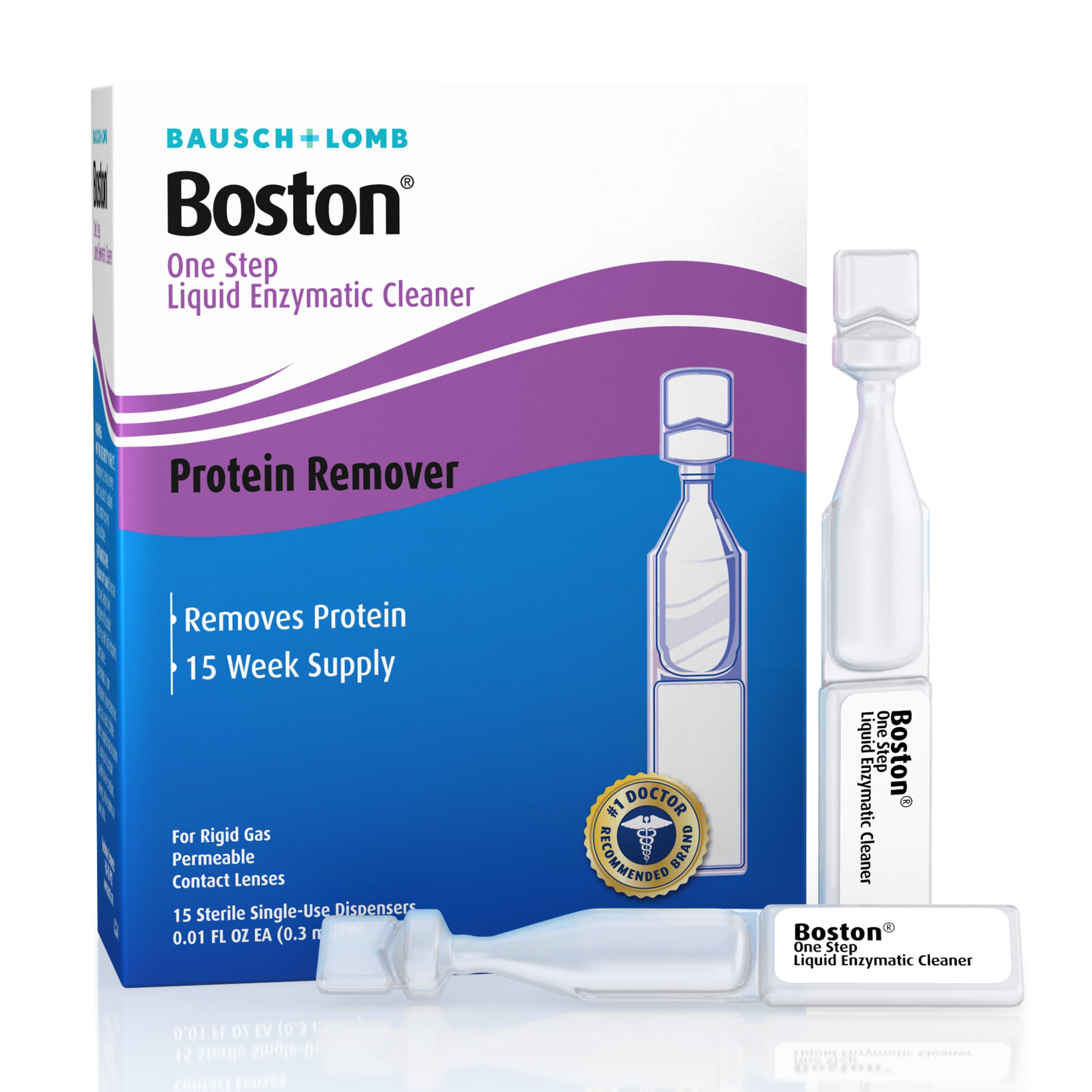 Boston One Step Liquid Enzymatic Cleaner, Preservative-Free Protein Remover for Rigid Gas Permeable (RGP) Lens, Sterile Single-Use Dispensers, 15 Count
