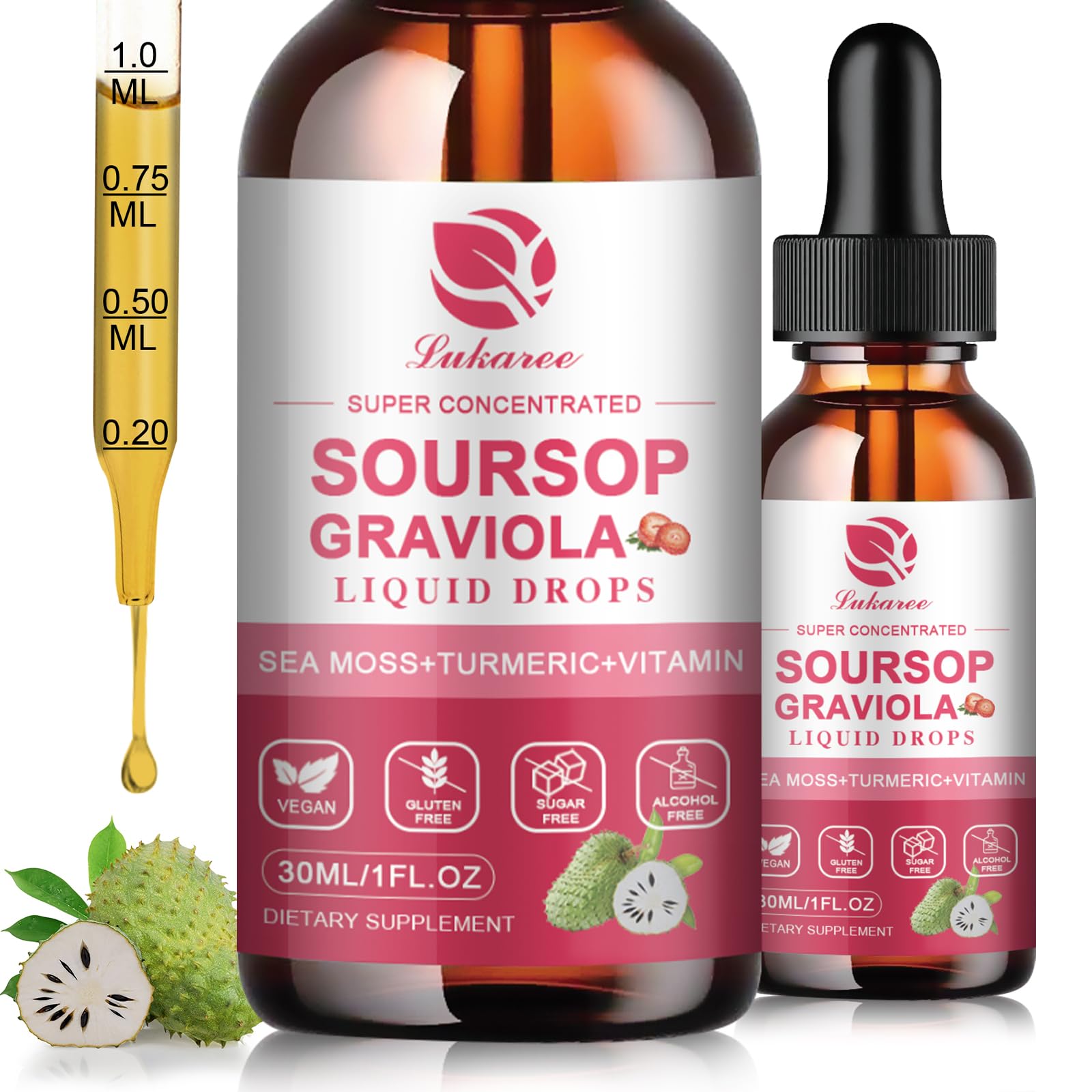 (2 Pack) Soursop Graviola Leaf Extract Liquid Drop Plus Pure Botanical Sea Moss for Cell Support & Regeneration, Immunity and Gut Health, Soursop Bitters Liquid丨Full Texture,Strawberry Flavor,1 Fl Oz
