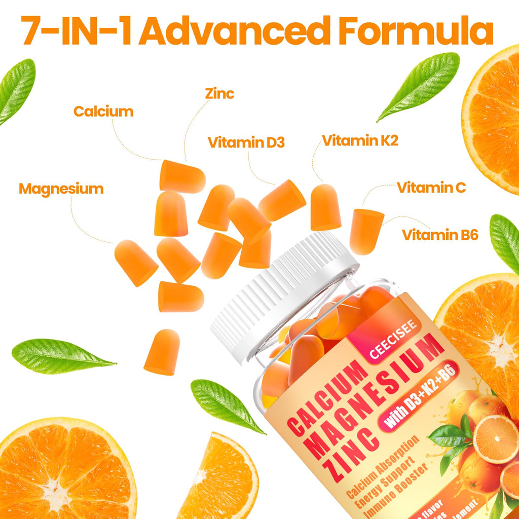 Calcium Magnesium Zinc Gummies with D3 &B6 &K2,1000mg Calcium Gummies with 300mg Magnesium Support Immune Energy for Adults and Teens,Sugar Free(120Count)