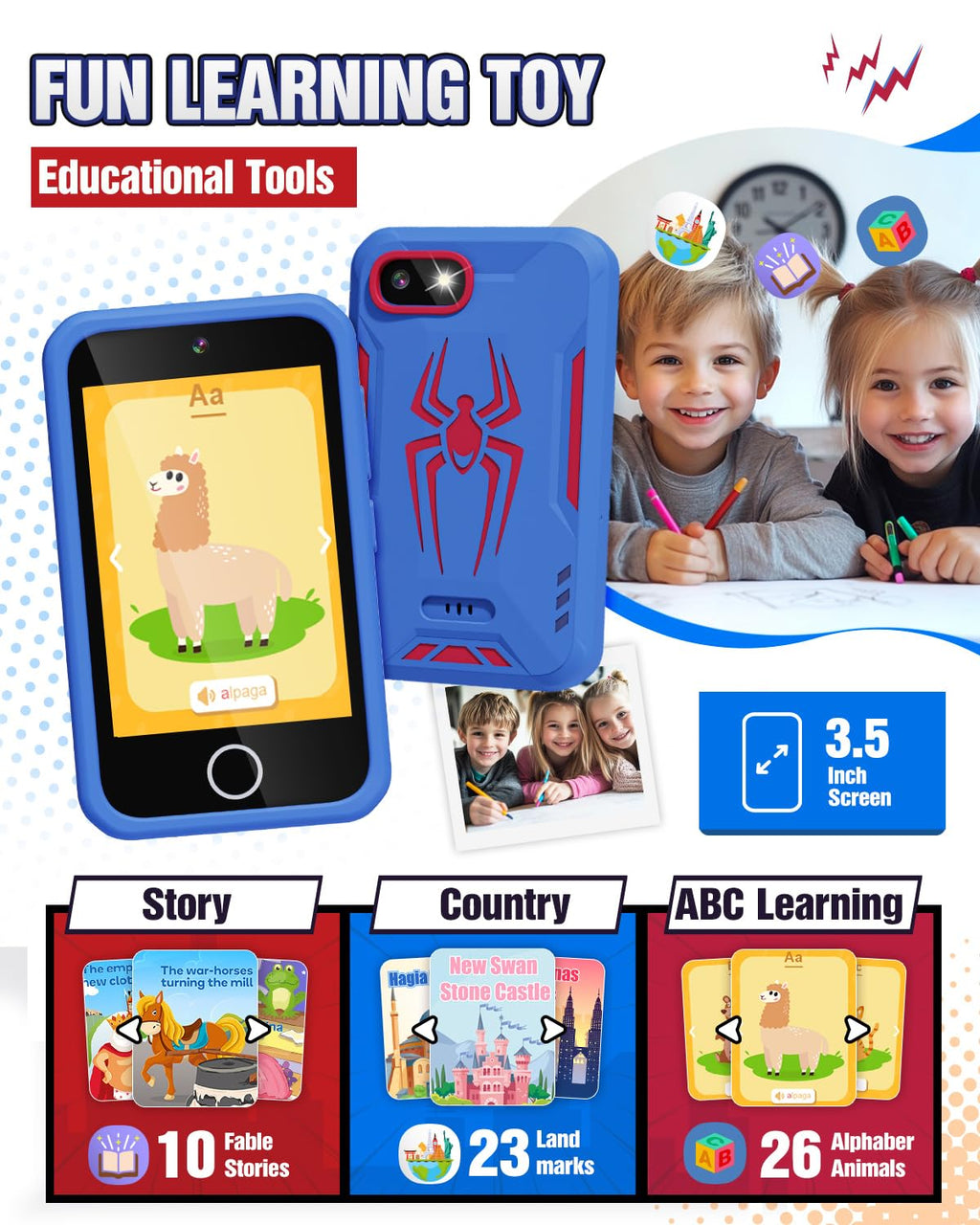 Kids Smart Phone, 3.5'' Touchscreen Spider Toy Phone for Toddler Boy
