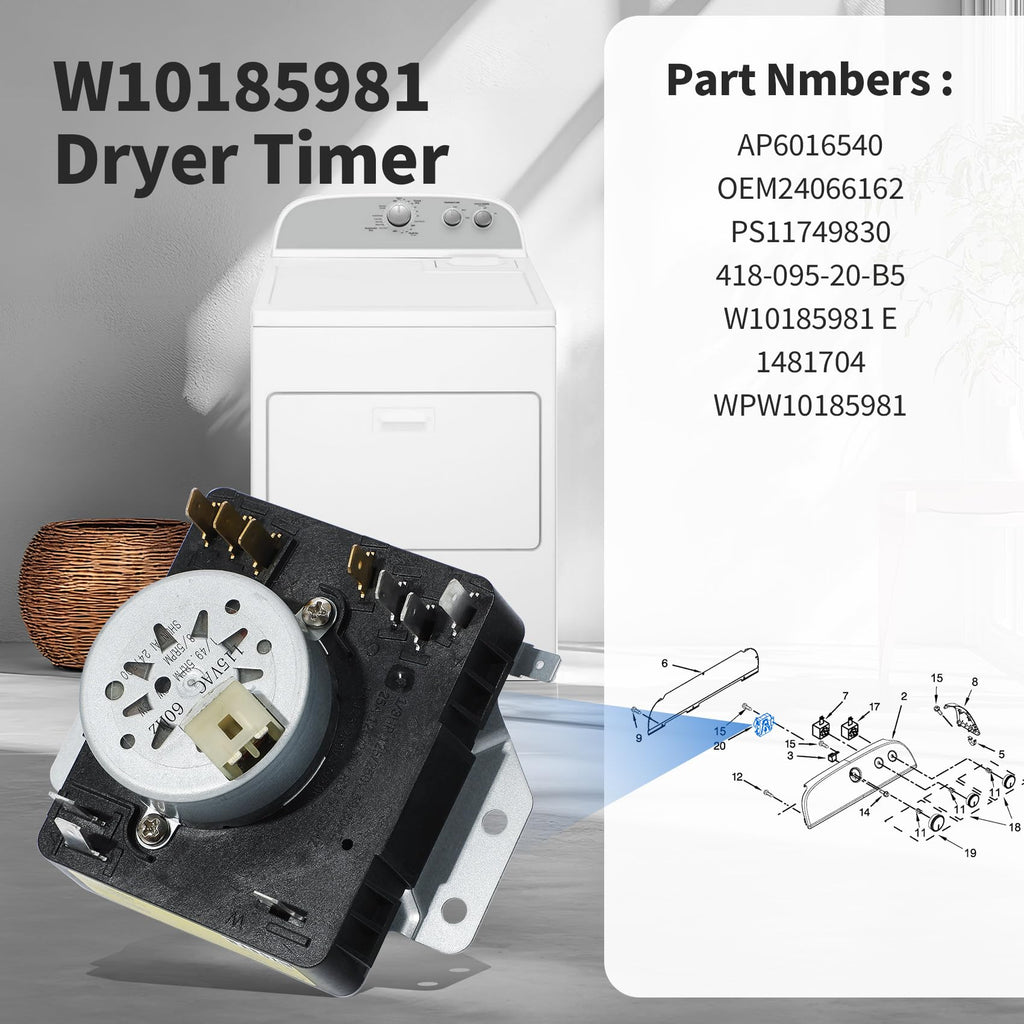 WGD4815EW2 MGDC215EW2 MGDC300BW1 WGD4800XQ4 WGD4800BQ2 W10185981 Dryer Timer Compatible with Kenmore Maytag Crosley Whirlpool Dryer Timer 115VAC 60Hz, WPW10185981 Replacement 418-095-20-B5 W10185981 E