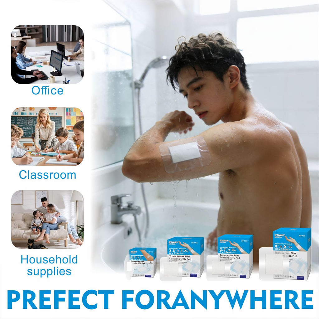 HTLARY Waterproof Transparent Film Dressing with Absorbent Pad 50-Pack Sterile Adhesive Bandages Post-Surgical Wound Cover, Protective Barrier for Sensitive Skin (2.7‘’x4‘’)