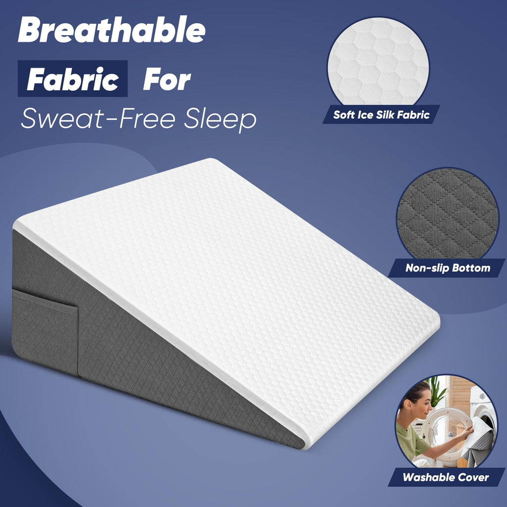 Vimoli Bed Wedge Pillow for Sleeping, Reading & Resting, 10 inch Cooling Memory Foam Incline Pillow Wedge for Adults Seniors, Ideal for Couch, Bedroom & Living Room, Removable Washable Cover