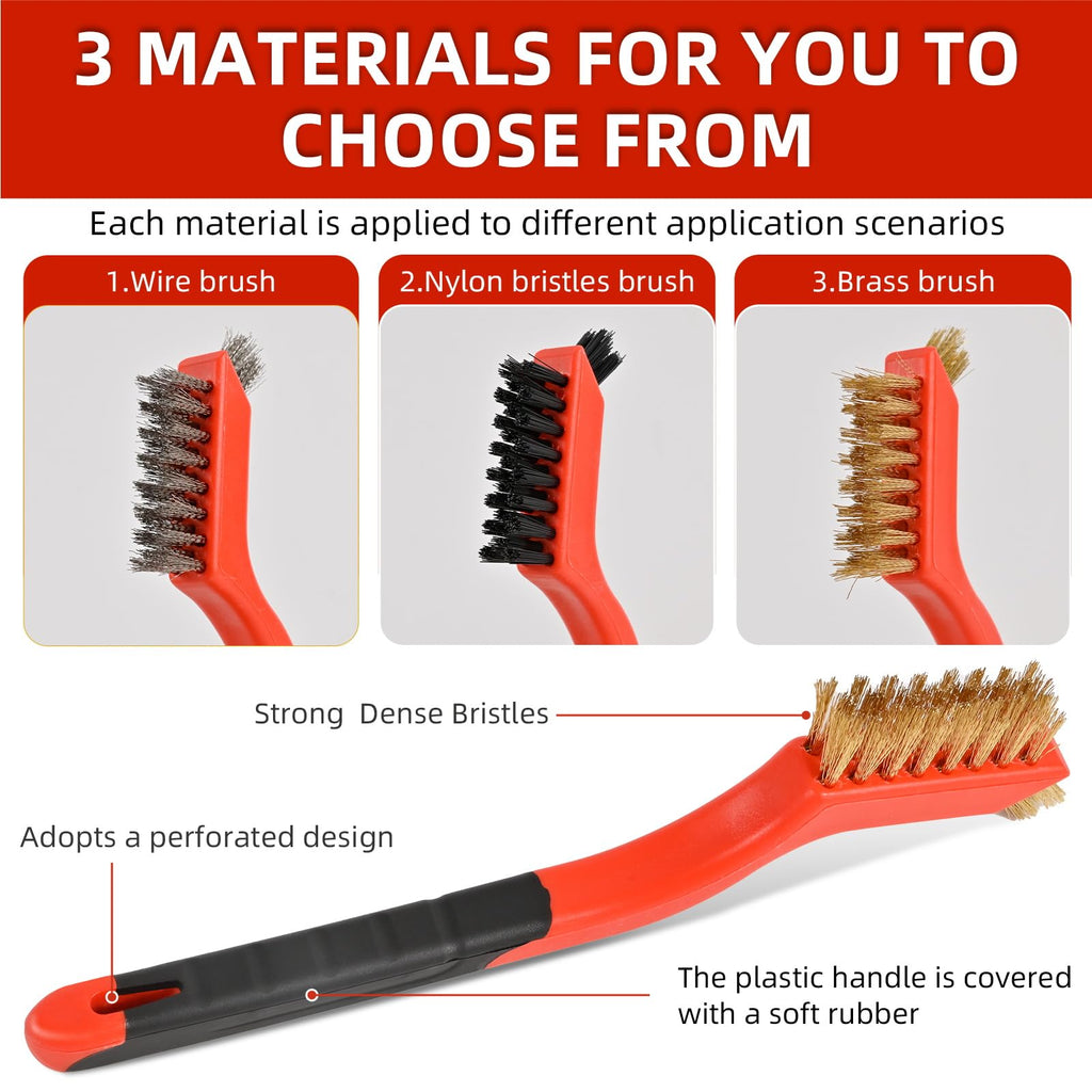 3PCS Wire Brushes for Cleaning Rust, Nylon, Brass & StainlessSteel Bristles