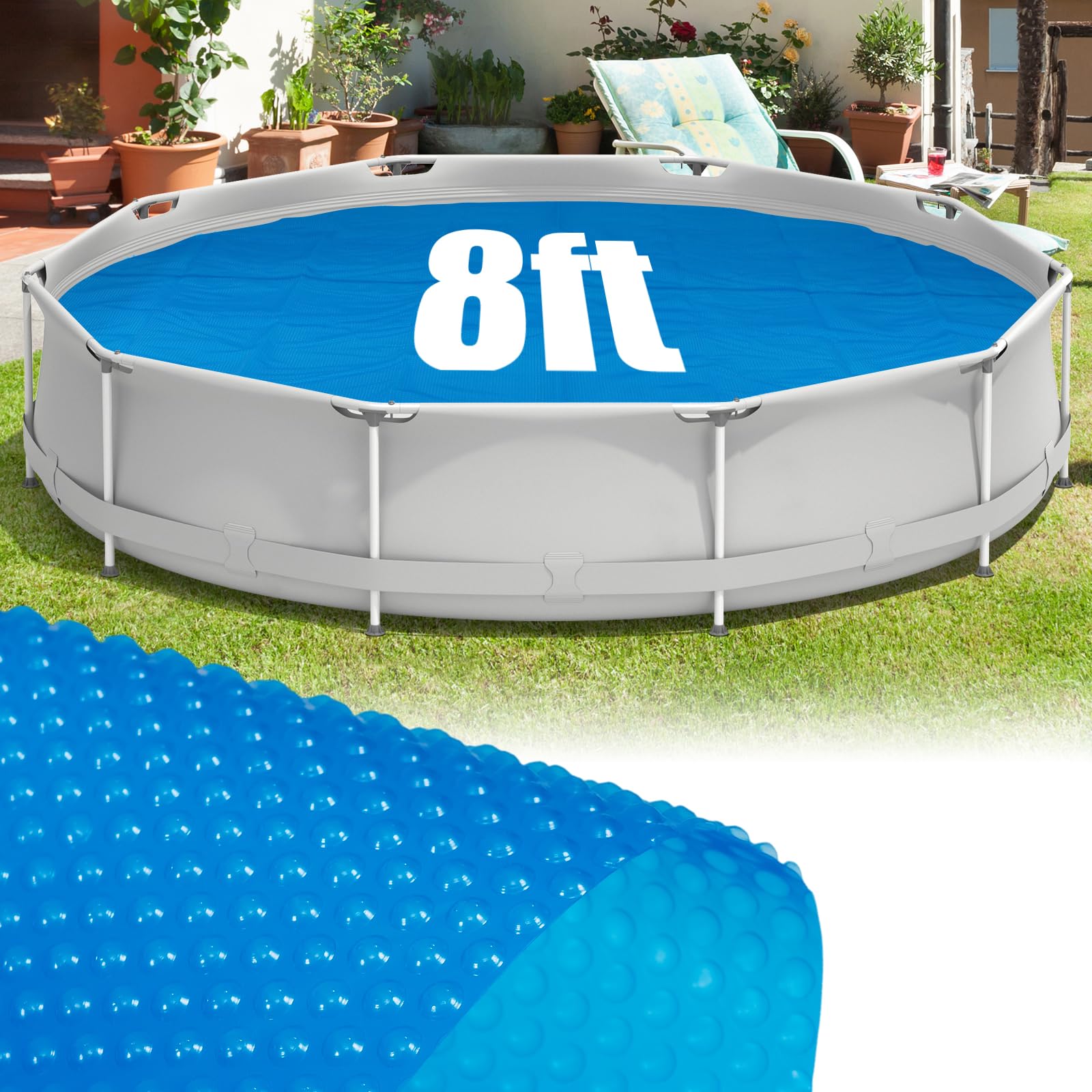 Goplus 8 FT Round Solar Pool Cover, 12 Mil Above-Ground & In-ground Swimming Pool Heat Retaining Blanket, Heavy-Duty Thermal Insulating Bubble Wrap Cover for Hot Tub SPA (Blue, Round 8 FT)