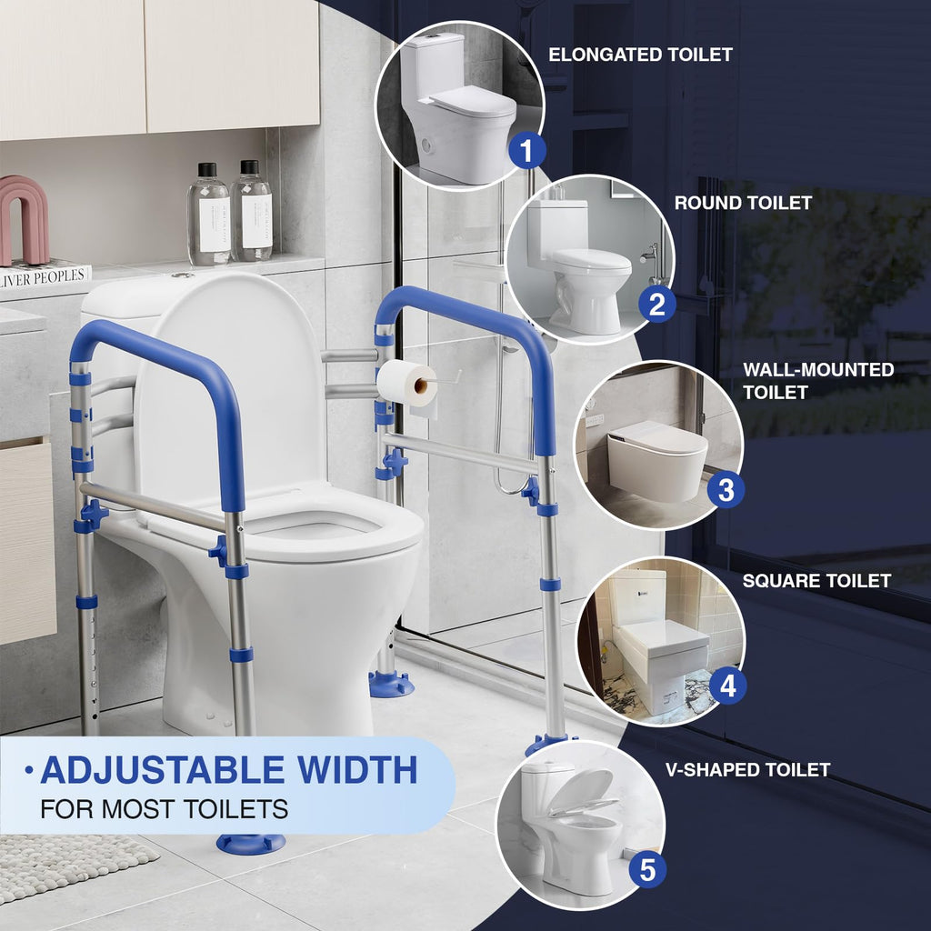 Loyoda Foldable Toilet Safety Rails for Seniors - Adjustable Toilet Safety Frame & Toilet Handles for Elderly & Disabled, Fits Most Toilets, 350lb Capacity, Blue