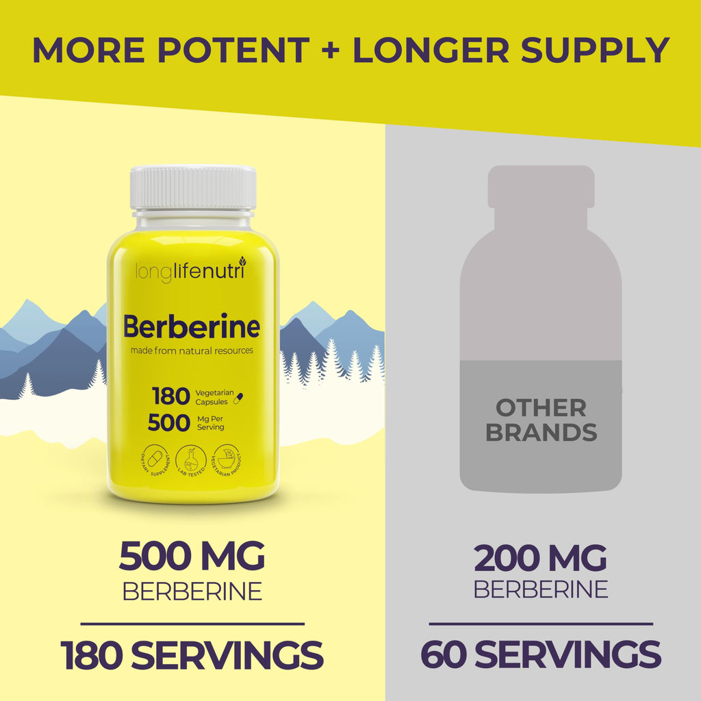 Berberine 500mg HCL Extract – from Berberis Aristata Vulgaris, 180 Vegetarian Capsules, Digestive Supplement for Overall Well-Being, 6-Month Supply, Non-GMO,1000mg per Serving, GMP Certified, USA Made