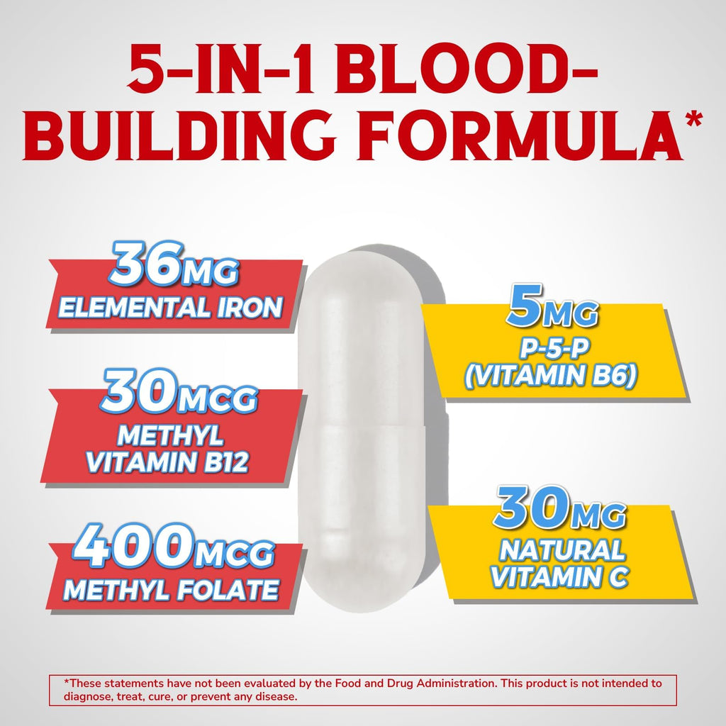 Iron Supplement for Women & Men, with Vitamins C, B6, B12 & Folate for Iron Deficiency, Blood Building & Energy Support, Stomach Friendly, Better Absorption, Non-GMO, No Gluten, 90 Vegan Caps