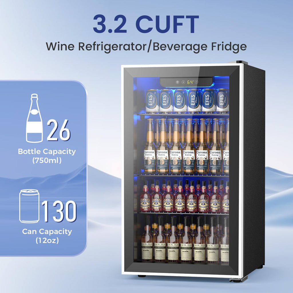 Electactic 26 Bottle Wine Cooler 130 Can Beverage Refrigerator, Small Freestanding Cabinet Wine Cellar with 32℉-61℉ Temperature Control Glass Door, Black