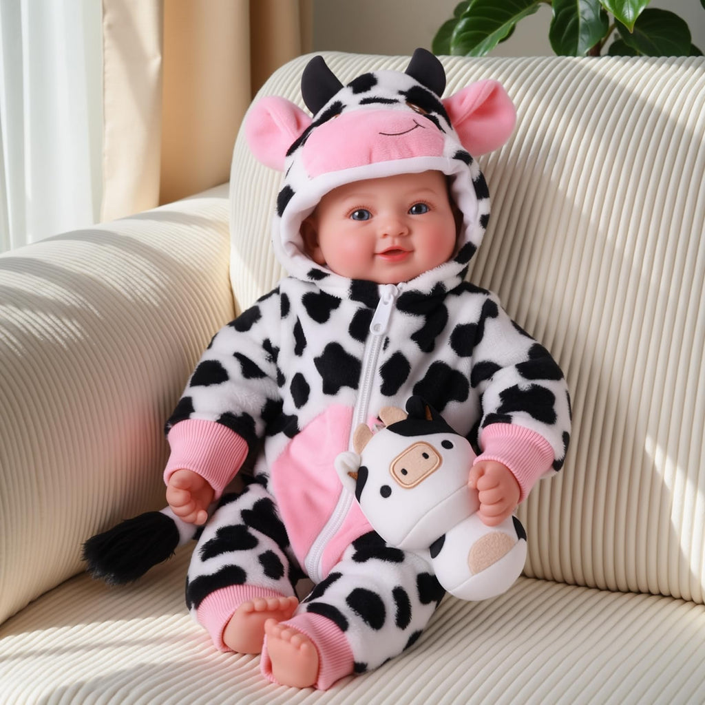 BABESIDE Baby Doll Girl - 17-Inch Soft Body Realistic Baby Doll with Blue Eyes and Cow Outfit Real Life Baby Dolls for 3 4 5 6 7 8 9 Years Girl Birthday Gifts, Pretend Play, Christmas & Collection
