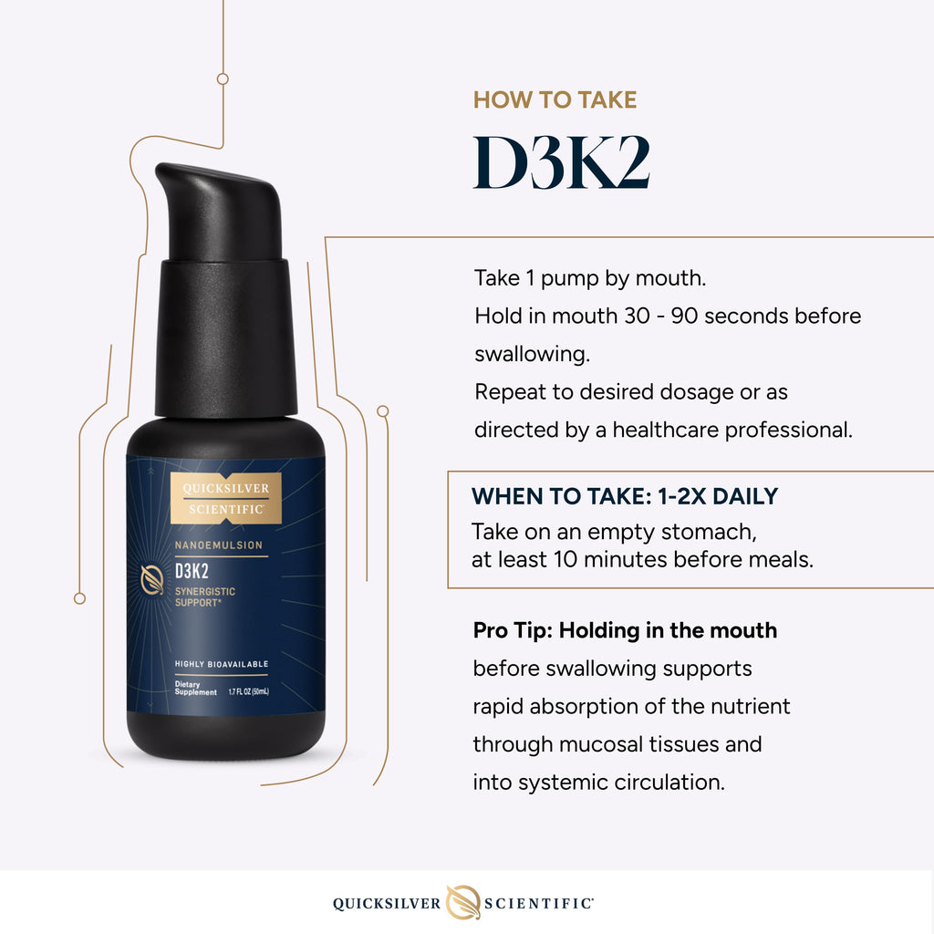 Quicksilver Scientific Nanoemulsified D3K2 - Emulsified Liquid Vitamin D3 + K2 MK7 Liposomal Supplement for Heart, Bone Health + Immune Support - Bioactive 2500IU for Enhanced Absorption (1.7oz/50ml)