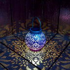 2 Pack Outdoor Solar Hanging Lantern Lights Metal LED Decorative Lamp for Garden Patio Courtyard Lawn and Table with Hollowed-Out Design (Royal Purple)