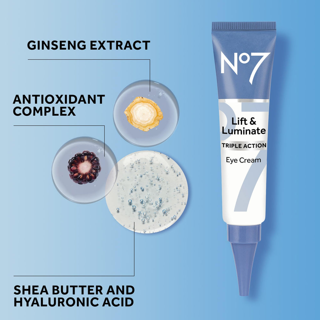 No7 Lift & Luminate Triple Action Under Eye Cream - Dark Circles Under Eye Treatment with Vitamin C & Collagen Peptide Technology - Helps Reduce Puffiness, Bags & the Appearance of Wrinkles (0.5 Oz)