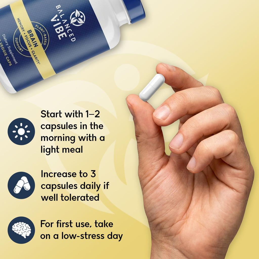 Balanced Vibe Brain Supplement 8 in 1 with Lion's Mane, Bacopa, Rhodiola, Ginkgo Brain Supplements for Memory, Focus & Mental Clarity, Non-Stimulant, Organic, Vegan, GMP Certified, 90 Capsules
