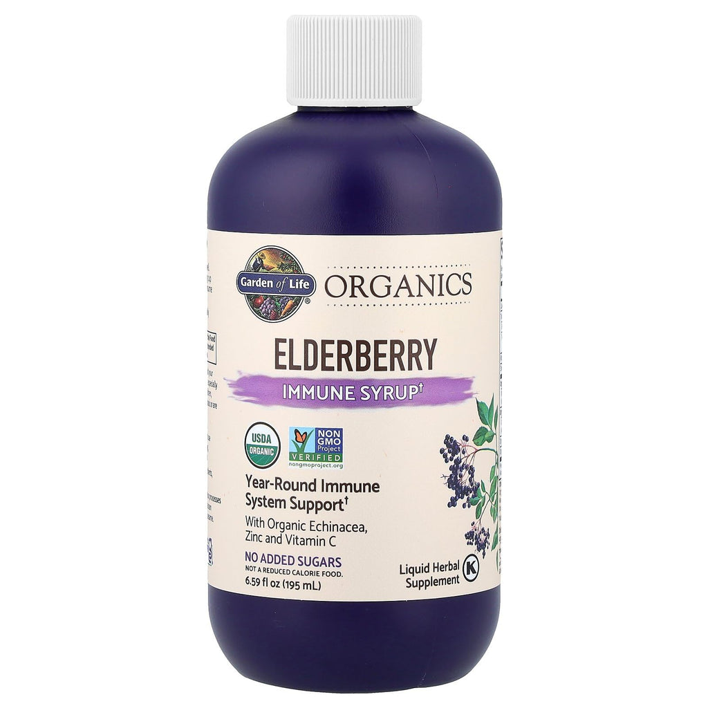 Garden of Life Organics Plant Based Elderberry Immune Syrup 6.59 floz (195 mL) for Kids & Adults - Sambucus, Echinacea, Zinc & Vitamin C, 0g Sugar, Organic Vegan Gluten Free Herbal Supplement