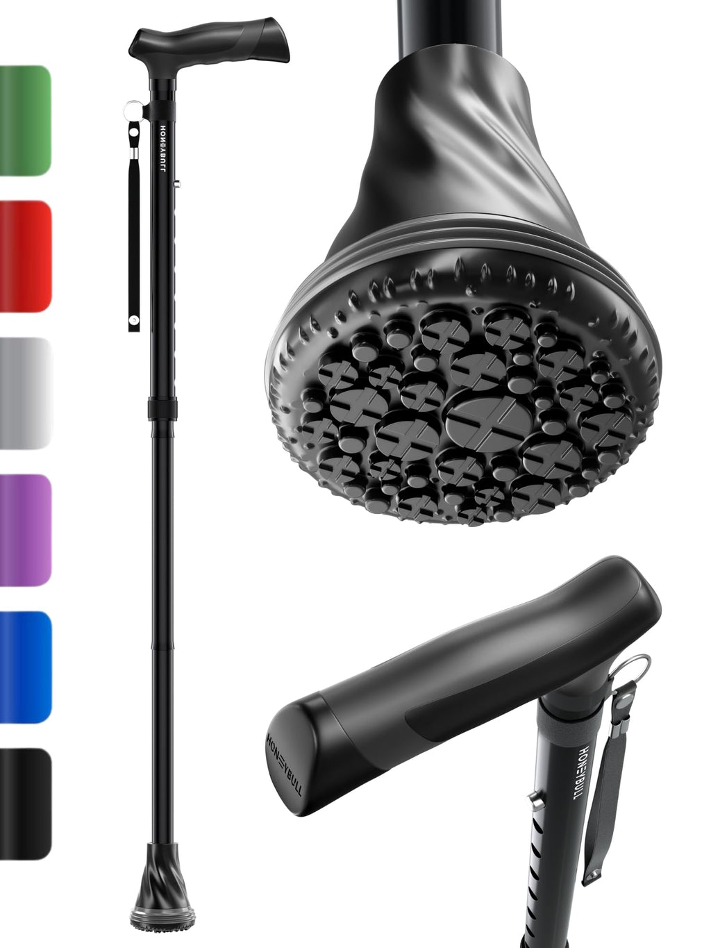 HONEYBULL Walking Cane for Men & Women – Foldable, Adjustable, Lightweight Cane with Air Cushion Tip for Stability & Ergonomic Grip, Heavy Duty Walking Sticks for Seniors (Black)