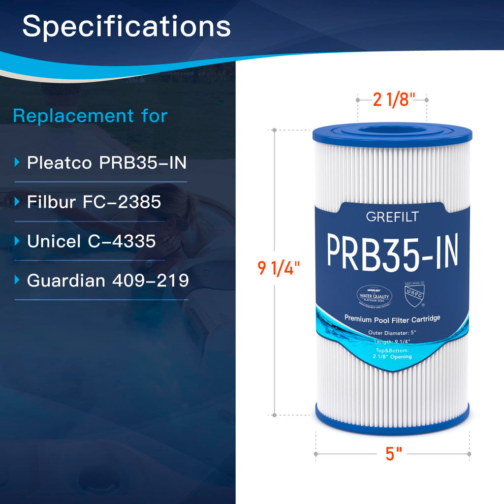 Grefilt Hot Tub Filter Compatible with Pleatco PRB35-IN, R173431, Guardian 409-219, Spa Filter for Filbur FC-2385, Unicel C-4335, 35 sq.ft, 2-Pack