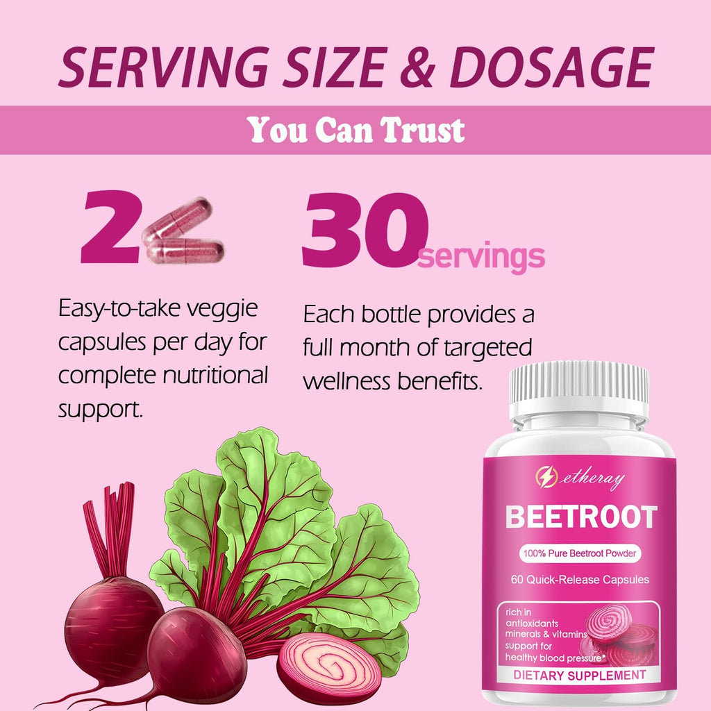 Beet Root Capsules - 1300mg Organic Pure Beetroot Beets Powder 60 Capsules-30 Days Supply | Natural & Vegan Supplement