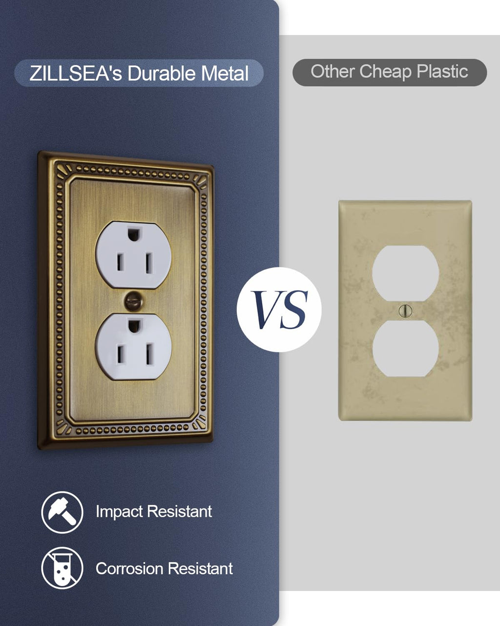 ZILLSEA Metal Wall Plates, Switch Plates and Outlet Covers, Decorative Pearl Design (1 Duplex 4PK, Antique Brass, Midsize)