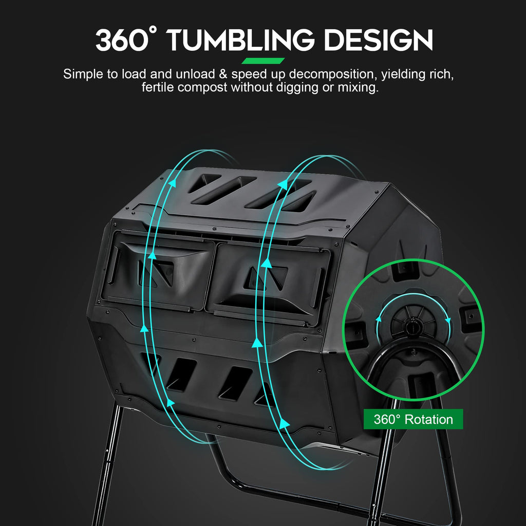 F2C Compost Bin Outdoor 43 Gallon Garden Dual Chamber Composter Bin - Bundled with Pearson's Gardening Gloves, BPA Free, Heavy-Duty Steel Frame, Rotating Tumbler with Sliding Doors -Black