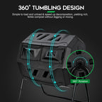F2C Compost Bin Outdoor 43 Gallon Garden Dual Chamber Composter Bin - Bundled with Pearson's Gardening Gloves, BPA Free, Heavy-Duty Steel Frame, Rotating Tumbler with Sliding Doors -Black