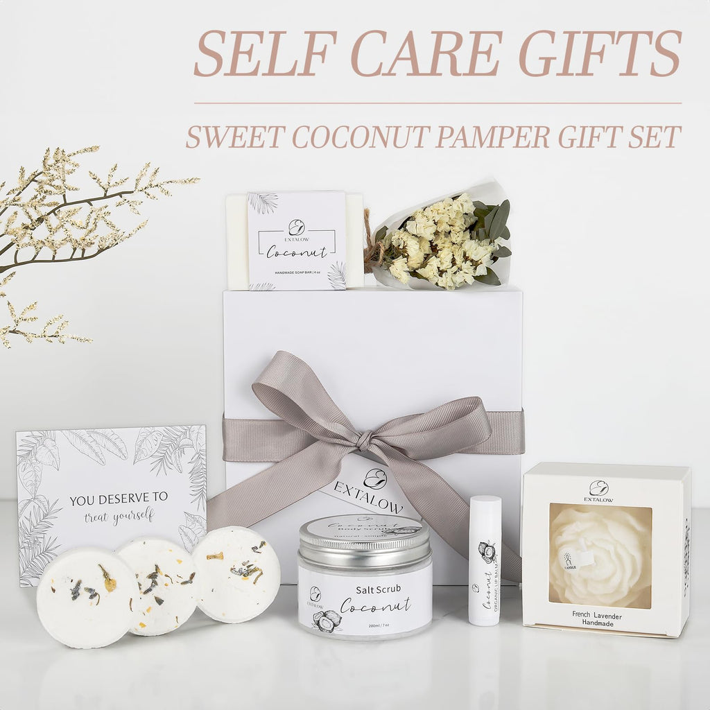 EXTALOW Spa Gifts for Women Bath and Body Gift Basket Valentines Day Gifts Coconut Lavender Home Spa Set Self Care Gift for Mom Sister Her Wife Birthday Gifts Spa Kit Care Package Thank You Gift