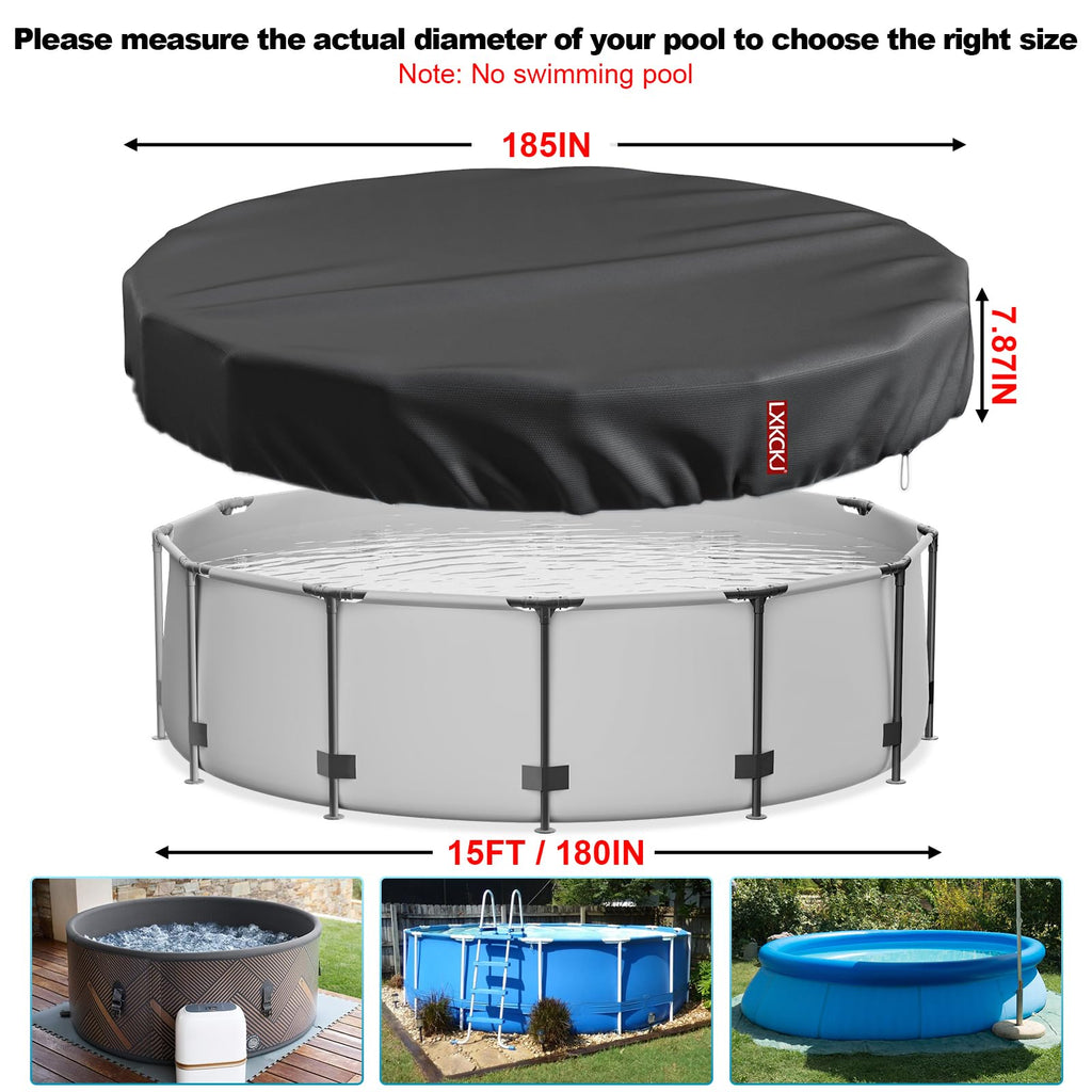 LXKCKJ 15 Ft Round Pool Cover, Solar Pool Covers for Above Ground Pools, Summer Pool Cover Protector with Cover Accessories, PE Tarp Ideal for Waterproof and Dustproof (Black)