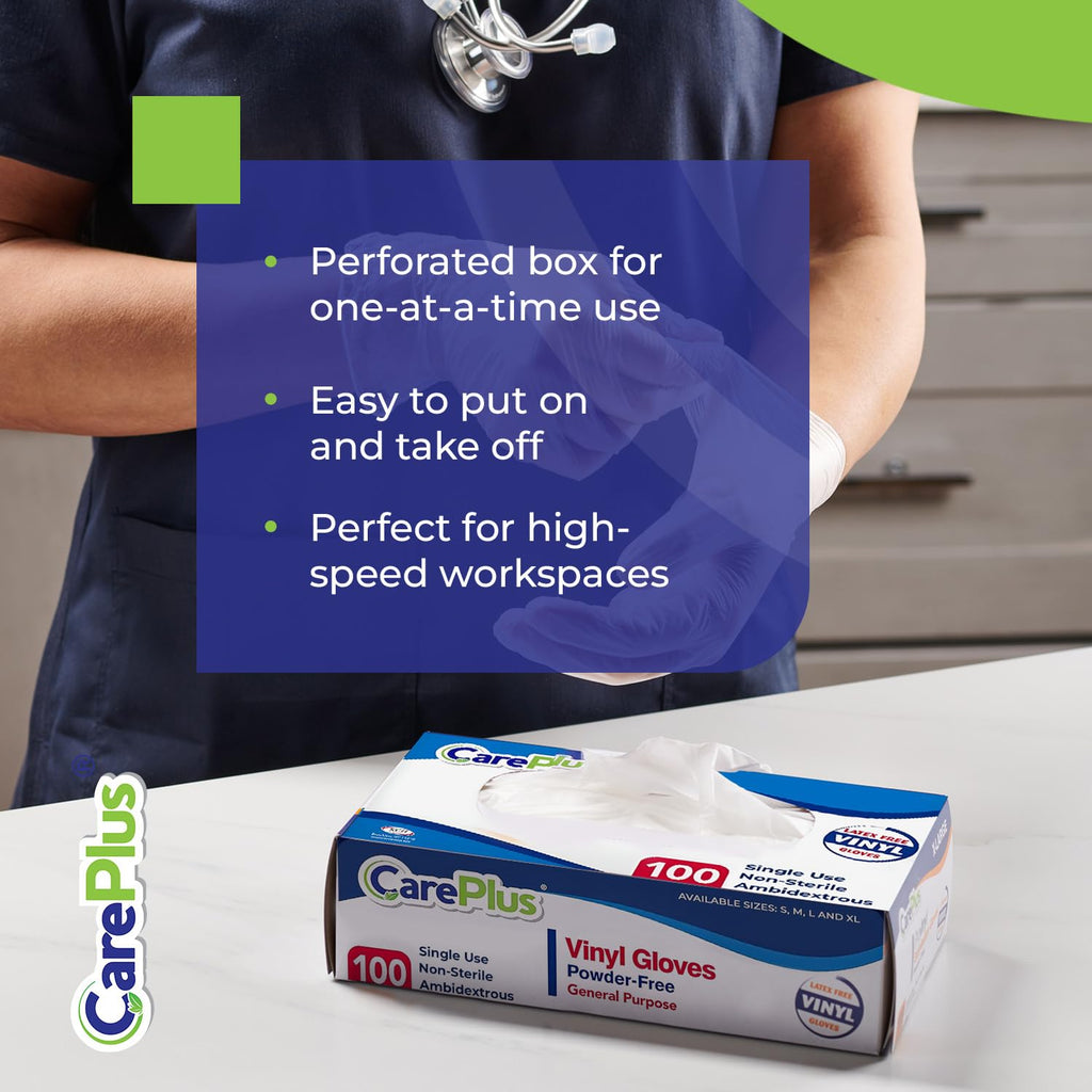 CARE PLUS Vinyl Gloves Clear Extra Large Size 200 Count | Heavy Duty, Non-Sterile, Powder-Free, Latex-Free Rubber | Food Prep, Kitchen & Cleaning Gloves, Ideal for Professional Use