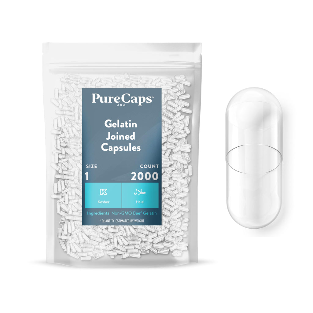 PureCaps USA - Empty Gelatin Capsules Size 1| 2,000 Joined Pills| Clear| Non-GMO Certified | SLS, Gluten, Preservative Free