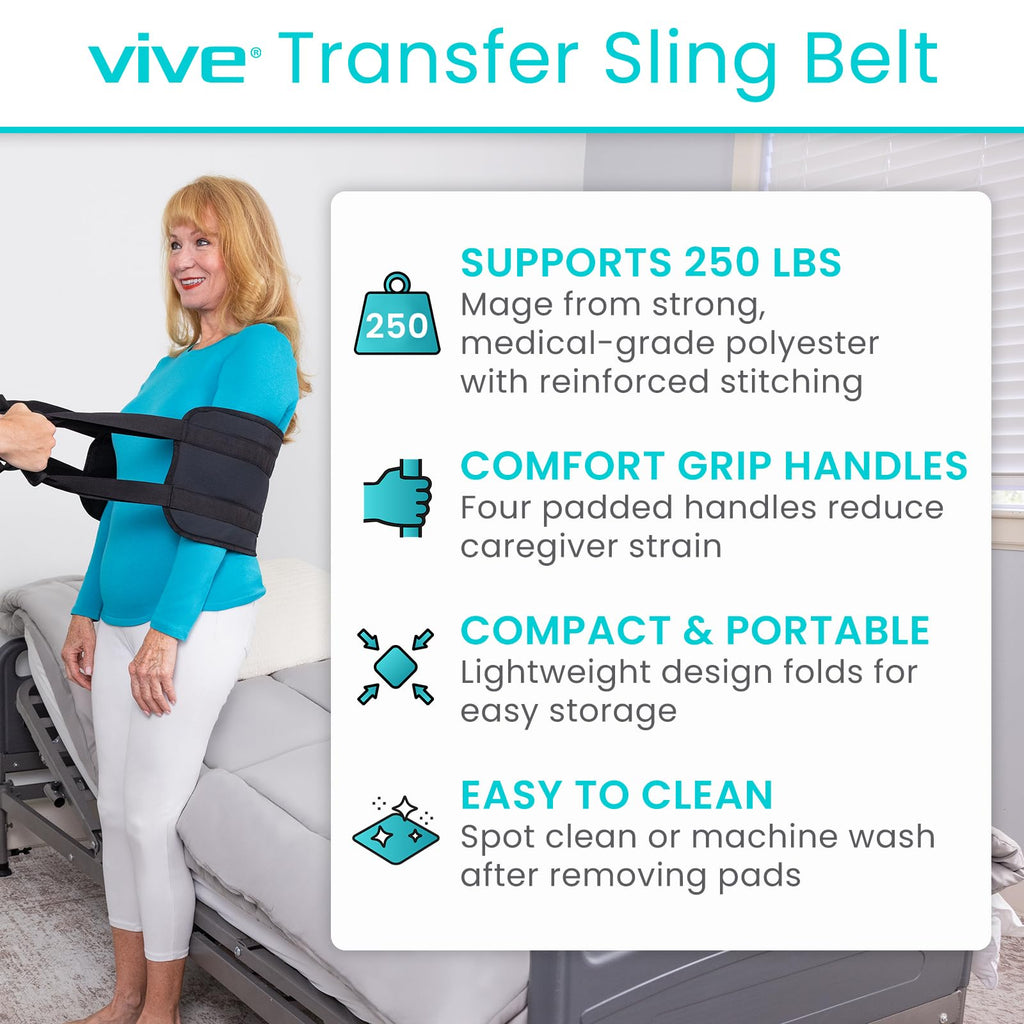 Vive Standard Transfer Sling (31.5 Inch) - Gait Belt for Elderly & Disabled - Patient Lifting Aid for Seniors & Injured - Bed & Wheelchair Transfer for Home Use (Black)