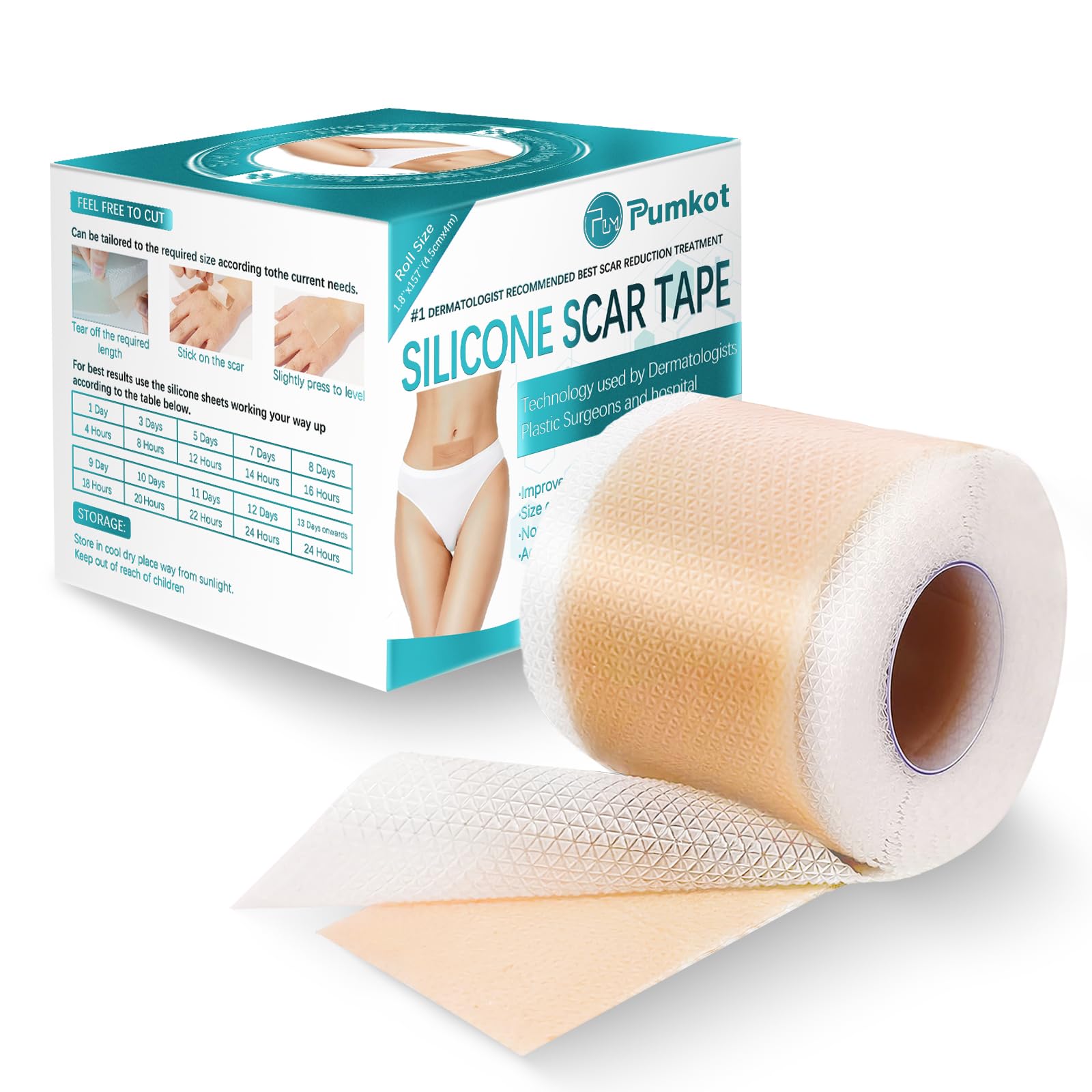 Pumkot Silicone Scar Sheets, Silicone Scar Tape(1.8” x 157” Roll-4M), Medical Grade Scar Removal Away Strips for Surgical Scars, Keloid, C-Section, Burn - Stickiness Upgrade, Waterproof, Reusable