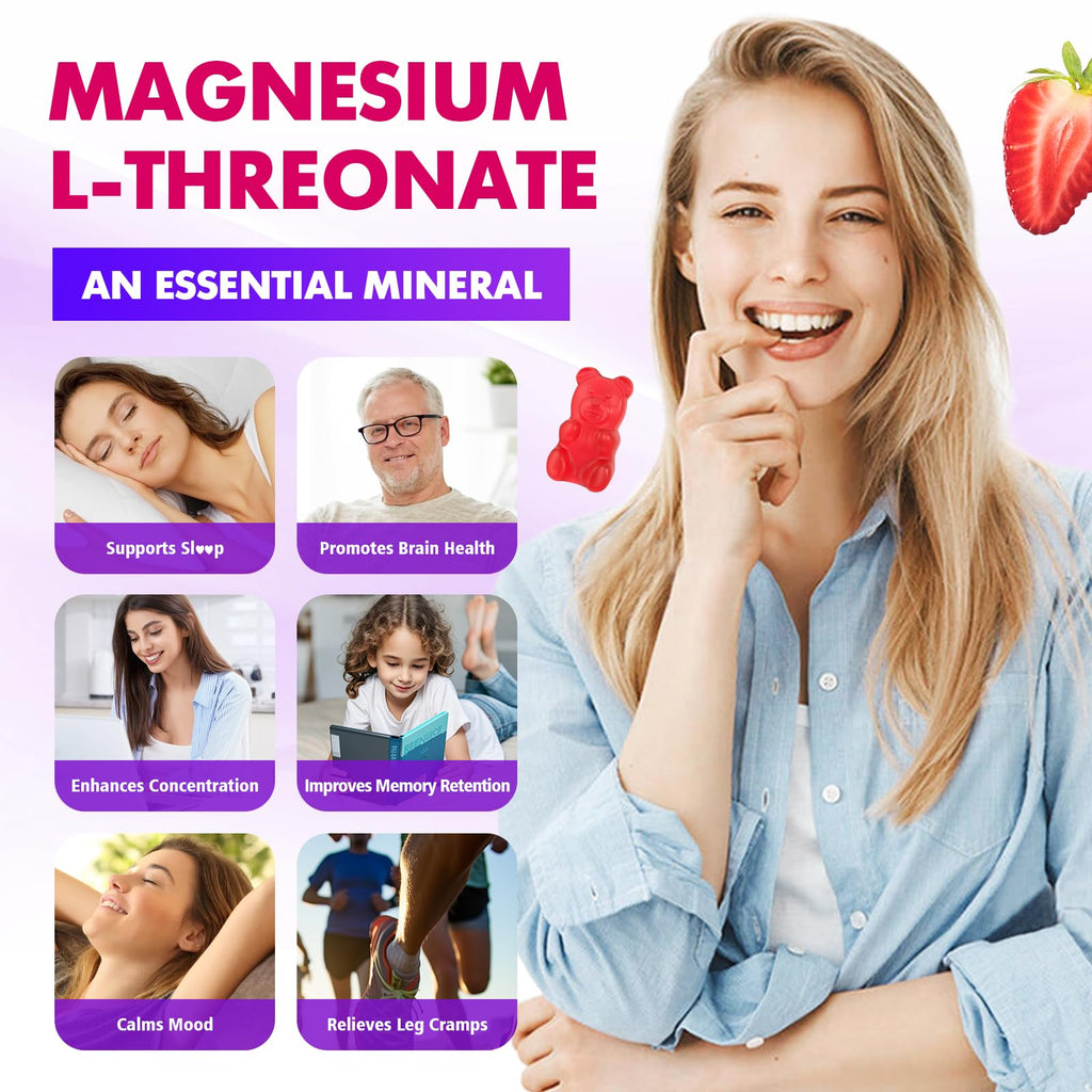 1000mg Magnesium L-Threonate Gummies for Kids & Adults - Muscle & Nervous System Support, Vegan, Sugar-Free Strawberry Flavor, 120 Gummies