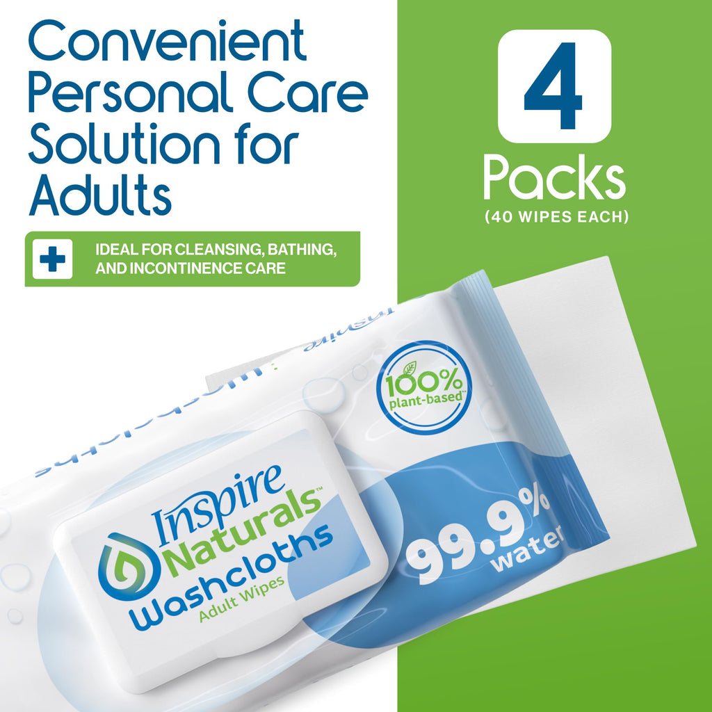 Inspire Naturals 99.9% Water Based Wet Wipes For Adults | Plastic Free Adult Wipes Extra Large Unscented | Disposable Washcloths For Adults Incontinence Body Wipes Elderly (99.9% Water 160 Ct)