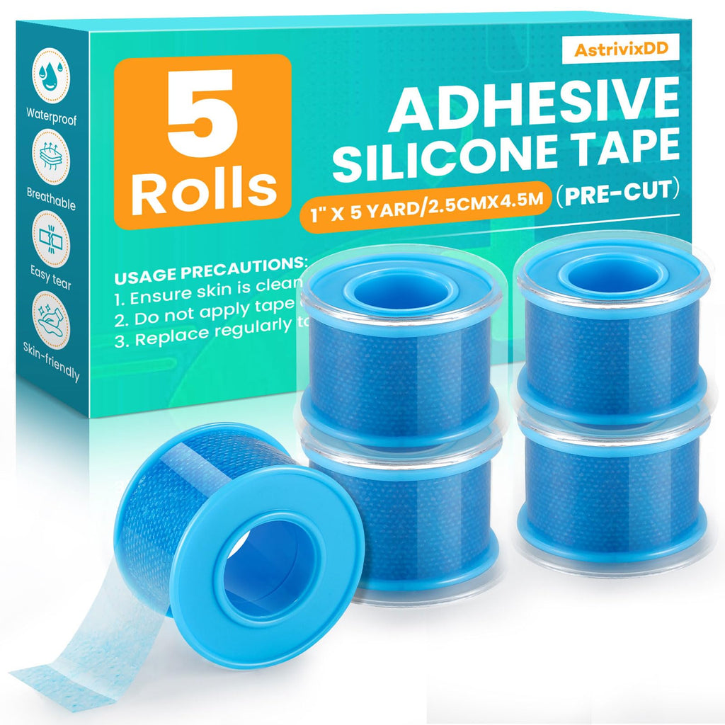 5 Rolls Soft Silicone Tape 1" x 5 Yards, Pre - Cut Waterproof Medical Tape, Silicone Tape for First Aid, Wound, Sensitive Skin