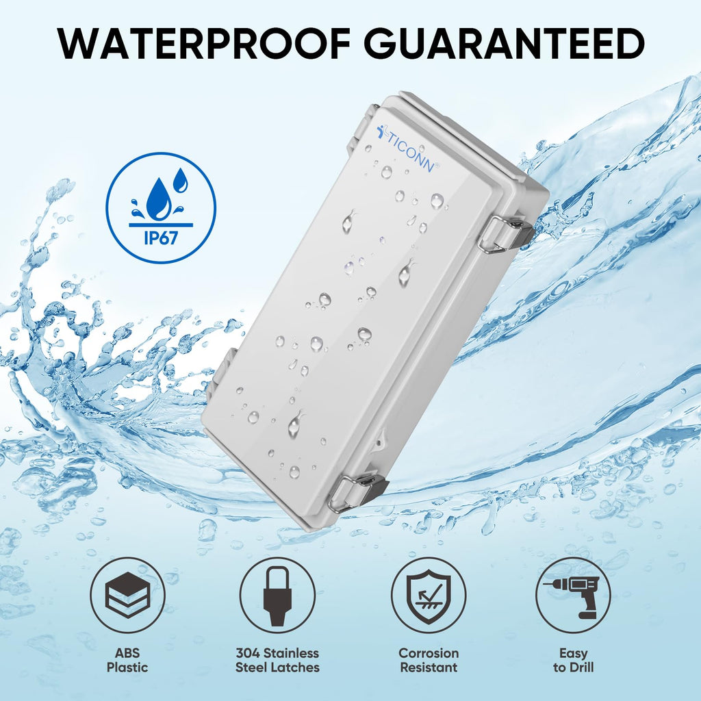 TICONN Outdoor Electrical Box Waterproof, Junction Box IP67 ABS Plastic Enclosure with Hinged Cover with Mounting Plate, Wall Brackets, Cable Glands (Off-White, 10.2"x4.3"x3.0")