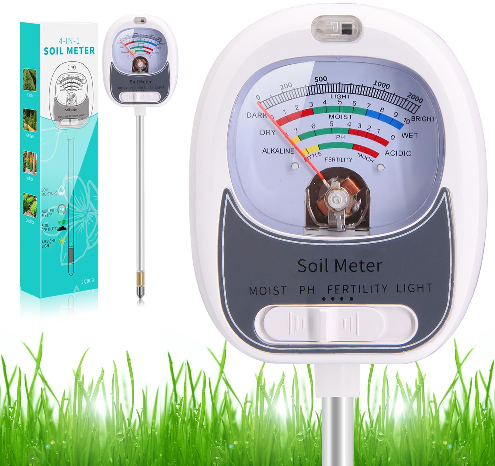 HSLGOVE 4-in-1 Soil Test Kit – Soil Moisture Meter, pH, Fertility & Sun-Light, No Battery Required, Large Dial Soil Tester for Indoor & Outdoor Gardening, Lawn, Farm –Paper White