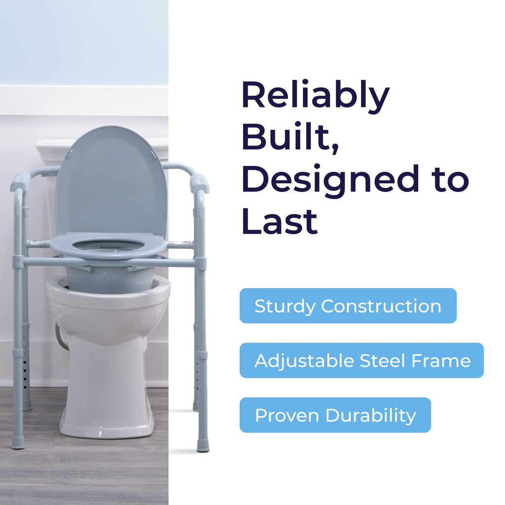 Drive Medical Folding Steel Bedside Commode Chair - Portable 3-in-1 Toilet Solution - Adjustable Height - 7.5 Qt Bucket Included - Durable Powder-Coated Steel Frame - Supports Up To 350 Lb