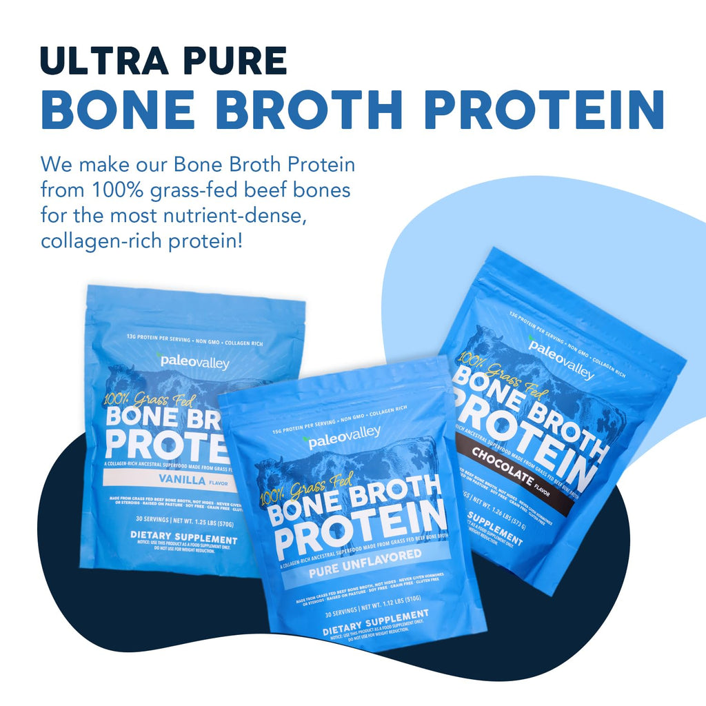 Paleovalley 100% Grass Fed Beef Bone Broth Protein Powder - Rich in Collagen Peptides for Hair, Skin, Gut Health, Bone and Joint Support - 15g Protein Per Serving - No Gluten or GMOs