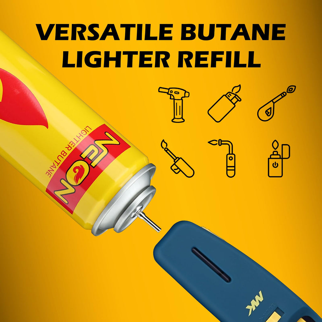 NEON Butane Fuel Refill, 300ml x 4 Cans Ultra Refined Lighter Fluid, Premium 99.999% Pure Butane Gas with Metal Nozzle and 5 Butane Adapter Tips for Torch Lighter, Kitchen Torches, Refillable Lighters