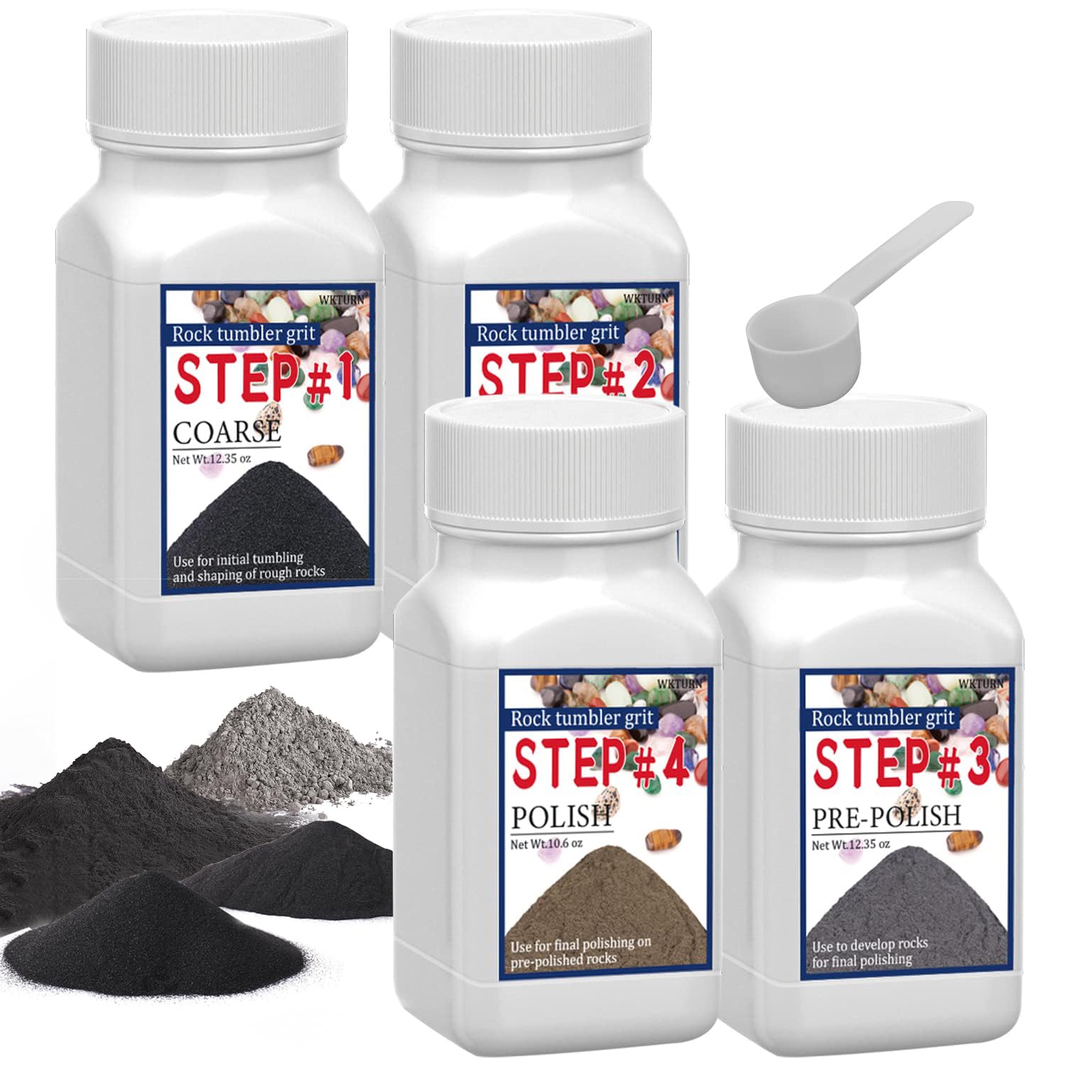 WKTURN Rock Tumbler Grit Set - 4 Step Tumbling Media (Coarse, Medium Grit, Pre-Polished, Final Polish), Set 2.0 for Any Brand of Rock Polisher