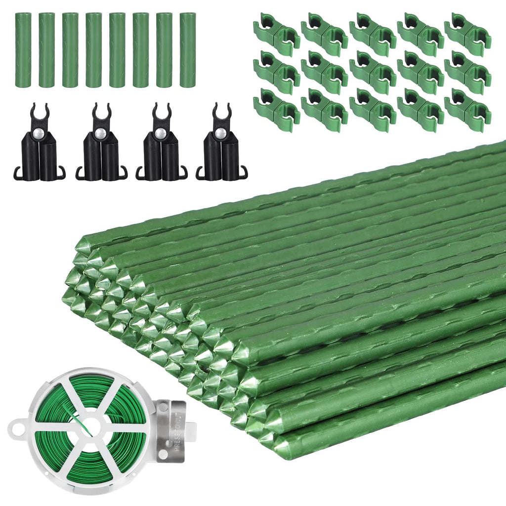 Garden Stakes 60 Pack, 16 Inch Each, DIY 3ft 4ft 5ft 6ft 7ft Sturdy Steel Plant Stakes with 50 Connectors, 30 Rotatable Clips, 10 A-Type Connecting Pipe and 164 Feet Twist Tie for Climbing Plants