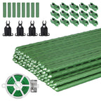 Garden Stakes 60 Pack, 16 Inch Each, DIY 3ft 4ft 5ft 6ft 7ft Sturdy Steel Plant Stakes with 50 Connectors, 30 Rotatable Clips, 10 A-Type Connecting Pipe and 164 Feet Twist Tie for Climbing Plants