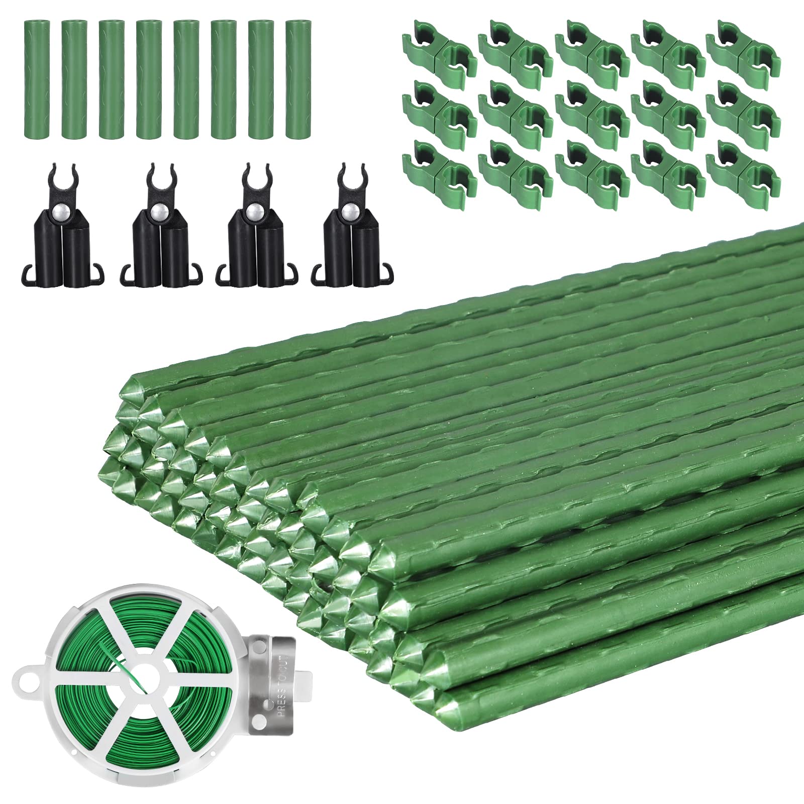 Garden Stakes 60 Pack, 16 Inch Each, DIY 3ft 4ft 5ft 6ft 7ft Sturdy Steel Plant Stakes with 50 Connectors, 30 Rotatable Clips, 10 A-Type Connecting Pipe and 164 Feet Twist Tie for Climbing Plants