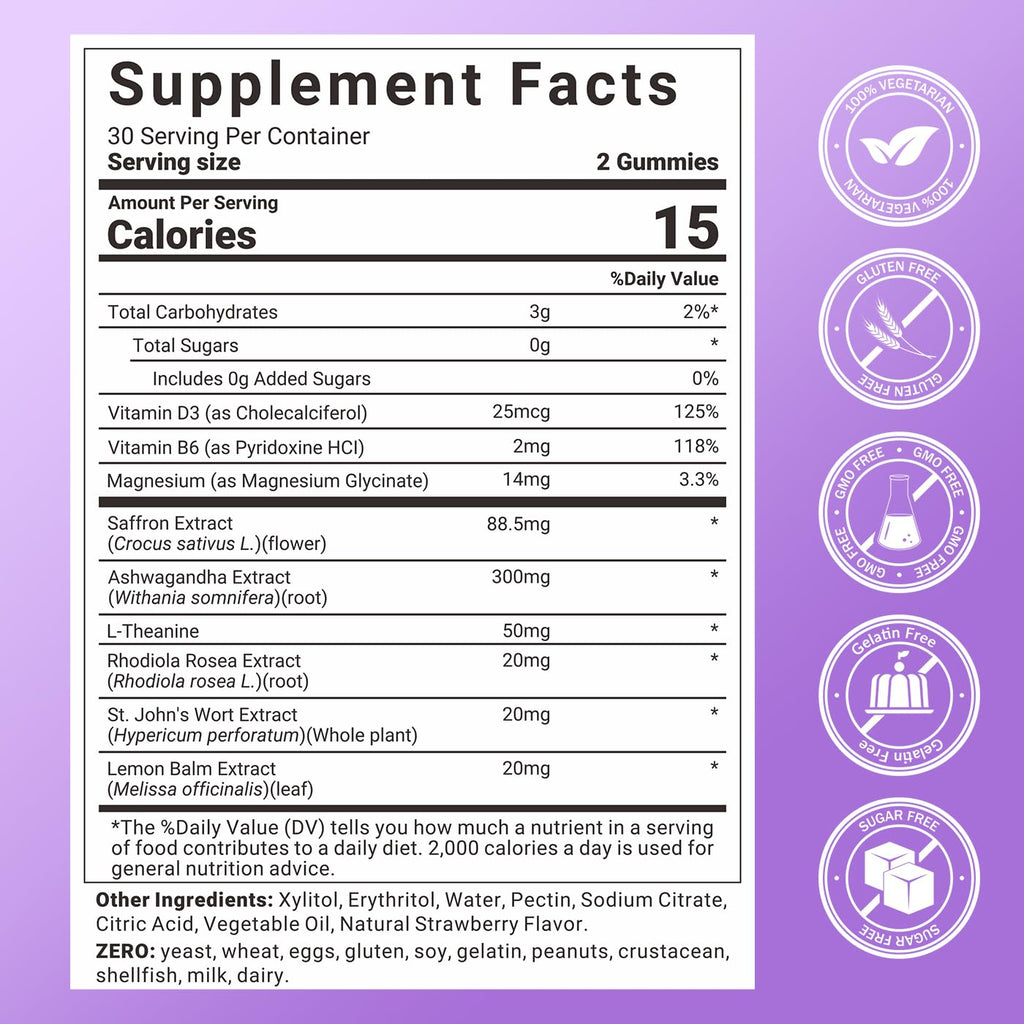 Svovita Saffron Gummies Supplements with 88.5 mg Saffron Extract, Magnesium Glycinate, L-Theanine, Ashwagandha, Rhodiola Rosea, St. John’s Wort - Sugar Free 120 Count