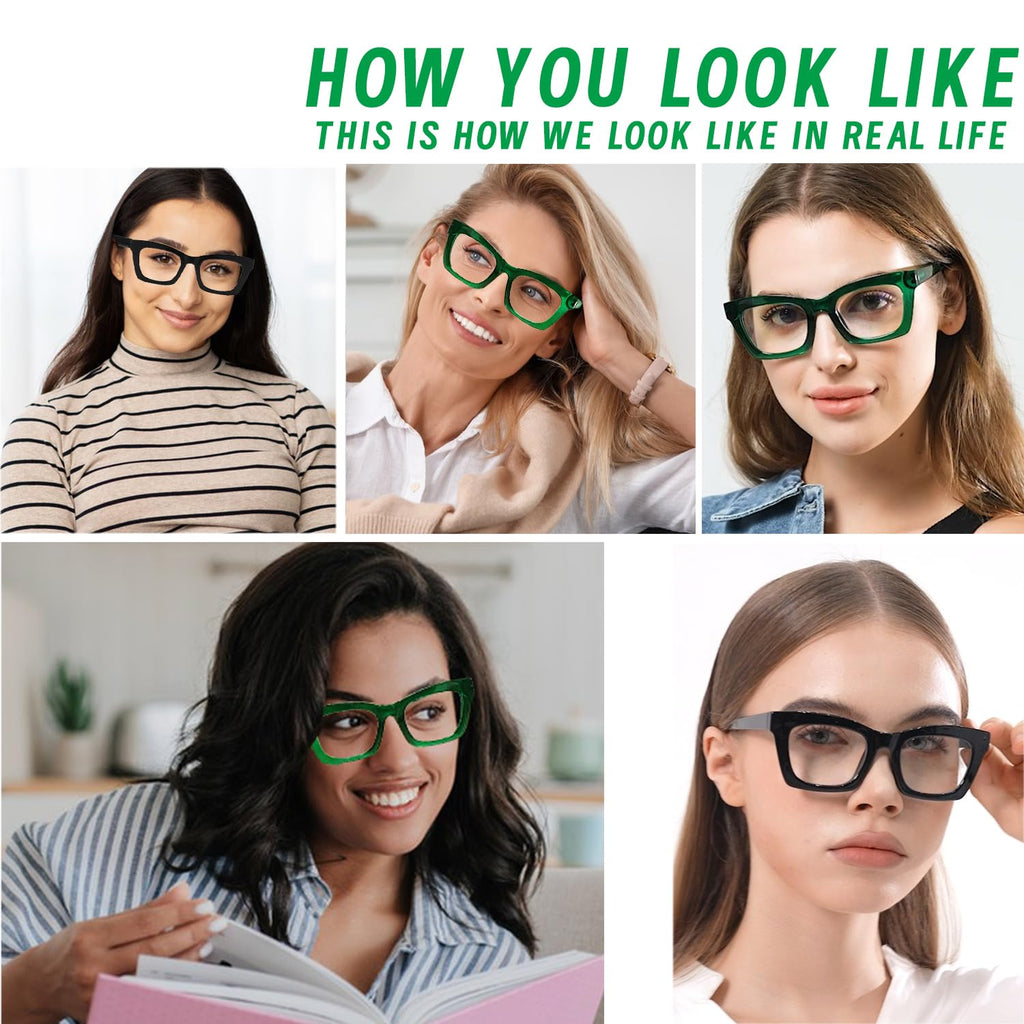 Hubeye Progressive Reading Glasses For Women Oprah Style Blue Light Blocking Computer Multifocus Square Reader （Green+Black+Clear，+1.75）