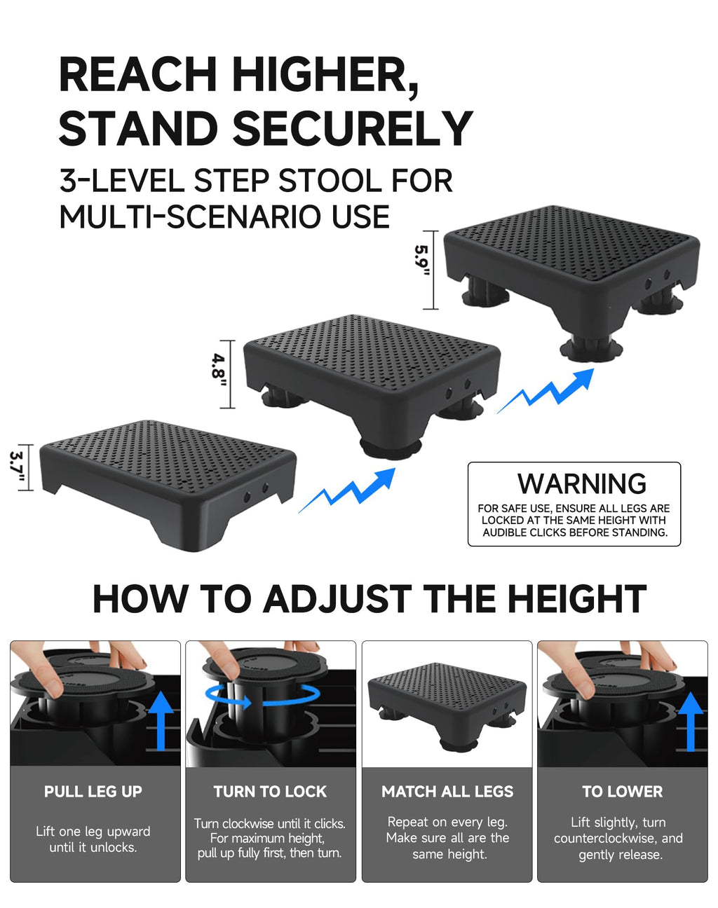LIFTOZA Adjustable Step Stool for Adults, Bed Step Stools, 600 LBS Capacity Safety Wide Step Platform, Indoor and Outdoor Steps for Seniors, Non-Slip Stepping Stool Elderly Assistance, Black