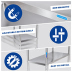 KUARBARR Stainless Steel Table for Prep & Work with Undershelf 24 x 36 Inches NSF Metal Commercial Kitchen Prep Table with Adjustable Under Shelf Worktable for Restaurant Home Outdoor
