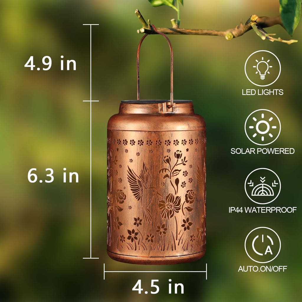 2 Pack Solar Lanterns Outdoor Waterproof, Hummingbird Garden Decor Gifts for Women Mom Grandma Hanging Solar Lights Metal Solar Decoration Outside for Yard, Patio, Lawn, Pathway