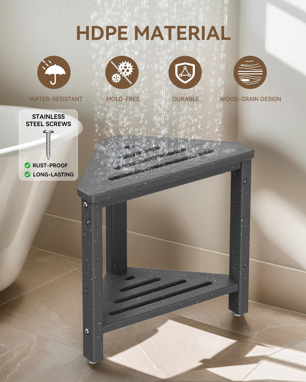 Shower Foot Rest 15in, HDPE Waterproof Shower Stool for Inside Shower, Corner Shower Stool for Shaving Legs with Storage Shelf for Small Space, Shower Step Stool, Plastic Corner Shower Bench, Grey